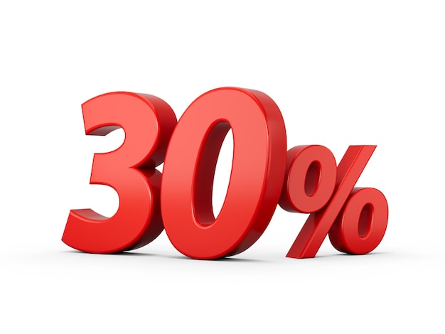 3d Red 30 Thirty Percent Sign on White Background 3d illustration