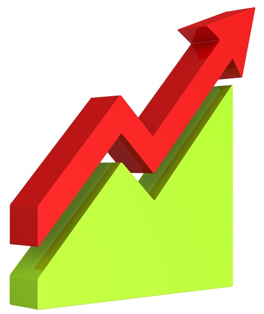 격리 된 흰색 배경에 3d 빨간색 화살표와 녹색 차트