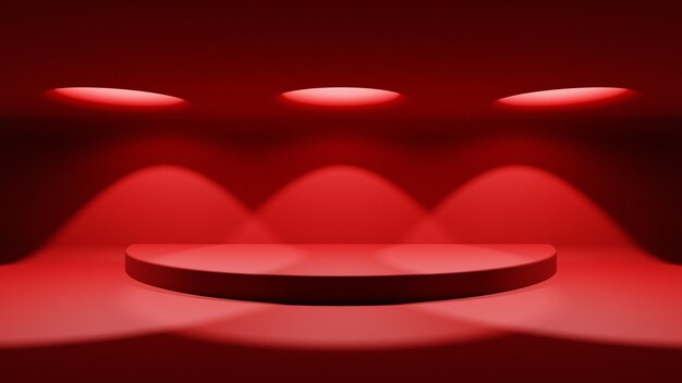 3D red background with a podium and light beams from above to showcase your product 3d rendering