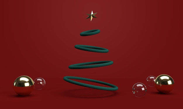 3d red christmas background with christmas tree and balls