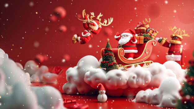 The 3d red Christmas banner depicts Santa riding his reindeer sleigh with a gift on a floating cloud shape island decorated with presents christmas trees and snowmen