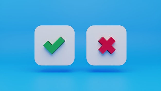 3d red cross and green check mark icon on blue background