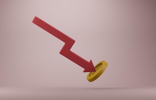 3D red down arrow hitting coin, financial crisis, decrease in value of money due to inflation