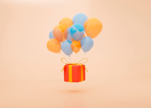 3d red gift box with yellow ribbon and flying balloons on beige background Present for holiday