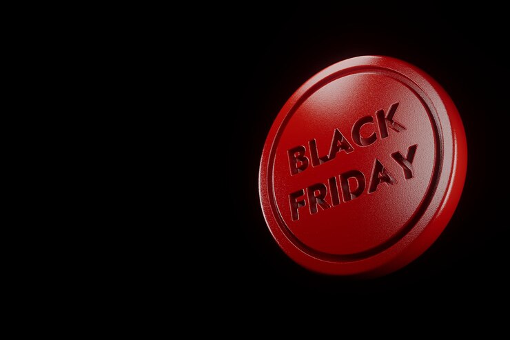 Photo 3d red icon of black friday discount on black background render