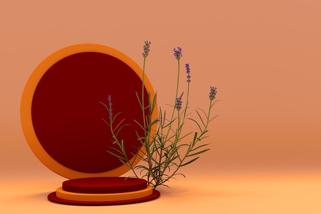 3D red orange studio round podium Abstract lavender plant on pastel background Cosmetic  promotion