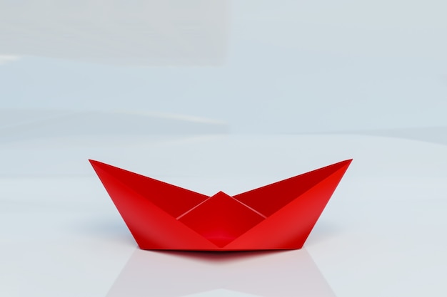 3d красный бумажный кораблик на белом фоне, 3d рендеринг иллюстрации
