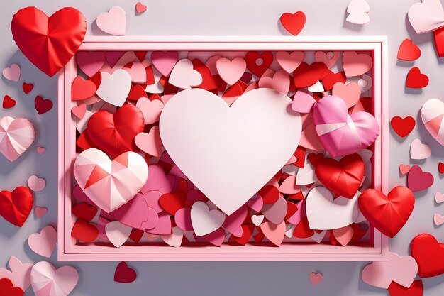 3d red and pink paper hearts with white squire border valentines day design