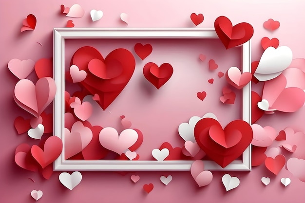 3d 빨간색과 분홍색 종이 심장과 색 스이어 국경 발렌타인 데이 디자인