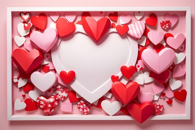 3d red and pink paper hearts with white squire border valentines day design