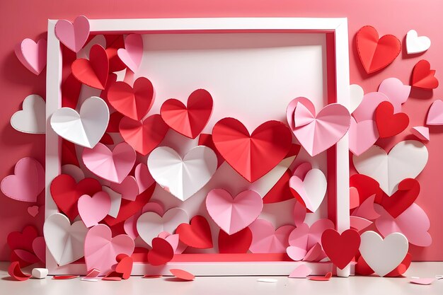 3d red and pink paper hearts with white squire border valentines day design