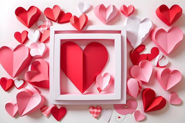 3d red and pink paper hearts with white squire border valentines day design