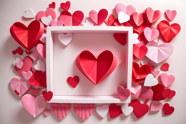 3d red and pink paper hearts with white squire border valentines day design