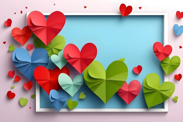 Photo 3d red and pink paper hearts with white squire border valentines day design