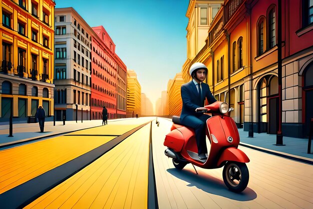 3d red scooter with delivery bag and delivery man on yellow background