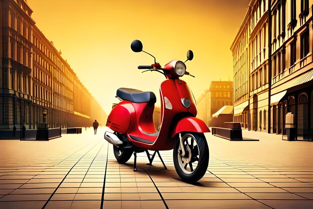 3d red scooter with delivery bag and delivery man on yellow background