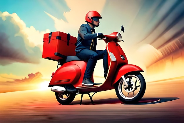 Красный скутер с пакетом для доставки и доставщиком на желтом фоне