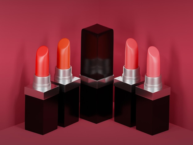 3d red shade lipsticks mock up with red background