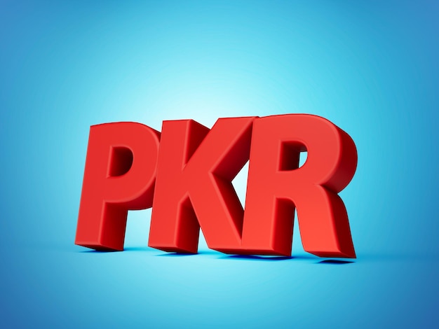 3 d 赤い光沢のあるパキスタン ルピー PKR 通貨アイコンが青の背景に分離されました。 3 d イラストレーション