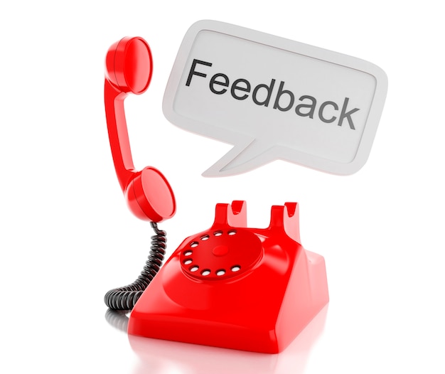 3d red telephone and speech bubble with word feedback.