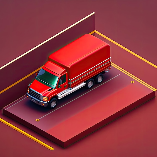 A 3d red truck on a parking lot