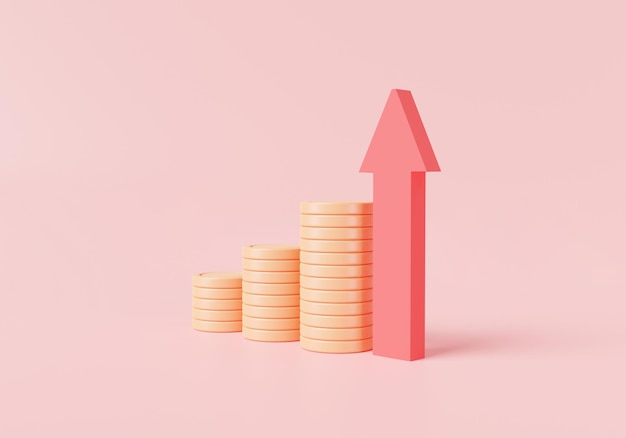 3d red up arrow and coin stacks economic growth financial\
success business money investment profit coin up cash money growth\
concept 3d icon render illustration cartoon minimal
