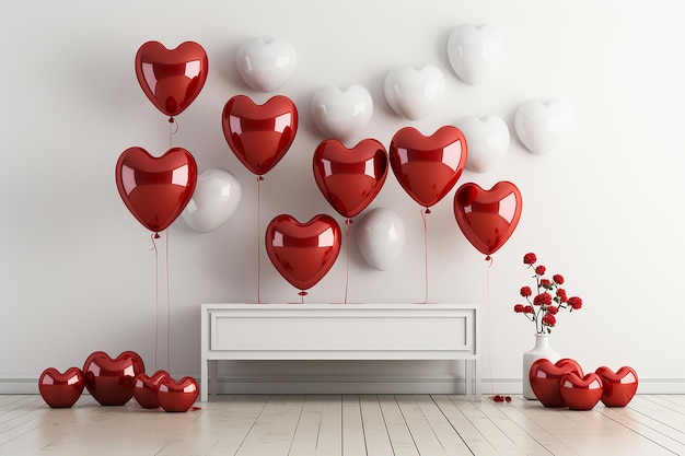 3d red and white heart balloon wall decoration with bench