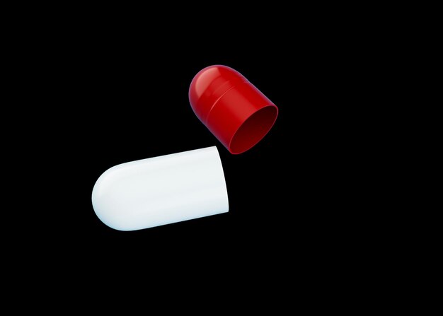 Красная и белая открытая фармацевтическая антибиотическая капсула, изолированная на черном фоне