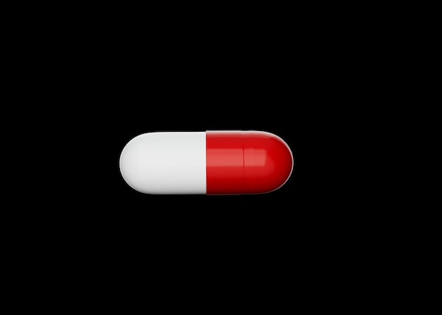 Photo 3d red and white pharmaceutical antibiotic capsule isolated on black background 3d illustration