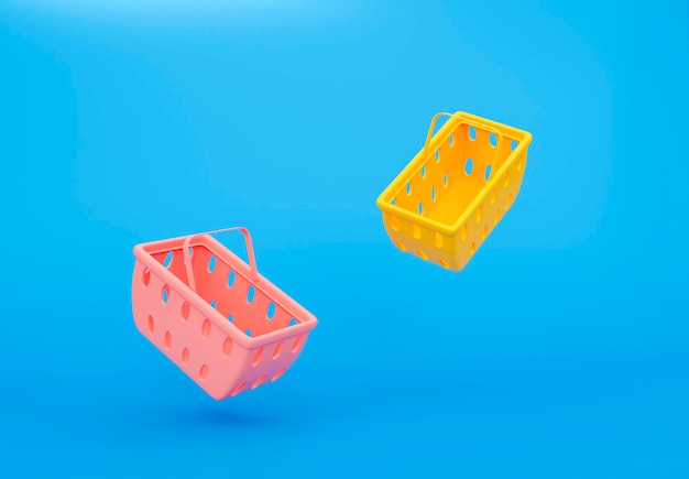 3D red and yellow flying basket shopping on blue background Pastel colors 3d Rendering illustration