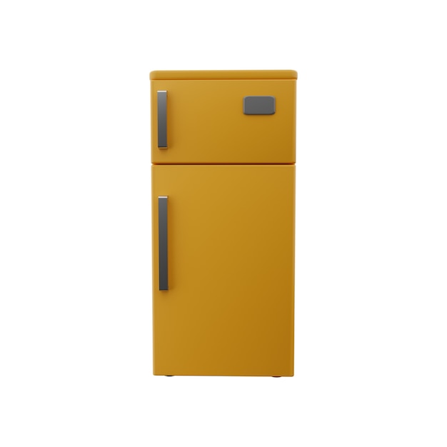 Foto illustrazione del frigorifero 3d. icona gialla del frigorifero 3d isolata.