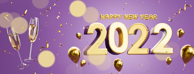 3d render of 2022 happy new year floating on purple background for product display