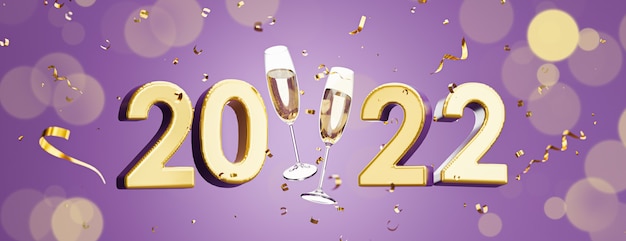 2022 年新年快樂的 3D 渲染,在紫色背景上漂浮,用于產品顯示