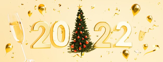 3d render of 2022 happy new year floating with christmas tree on purple background