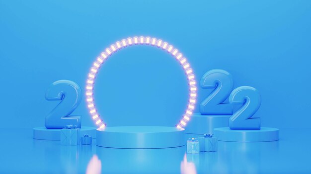 3D Render 2022-nummer met cirkelvormig frame gemaakt door verlichte lamp Garland, geschenkdozen en kopieerruimte in twee opties.