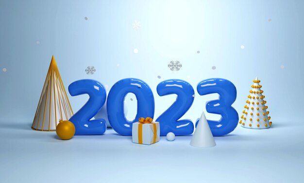 3d render of 2023 number with gift box bauble cones snowflakes decorated on blue glowing background