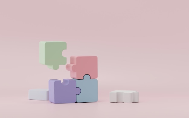 3D render 3D illustratie puzzelstukjes op roze achtergrond Probleemoplossend bedrijf samenwerking partnerschap concept verbinden