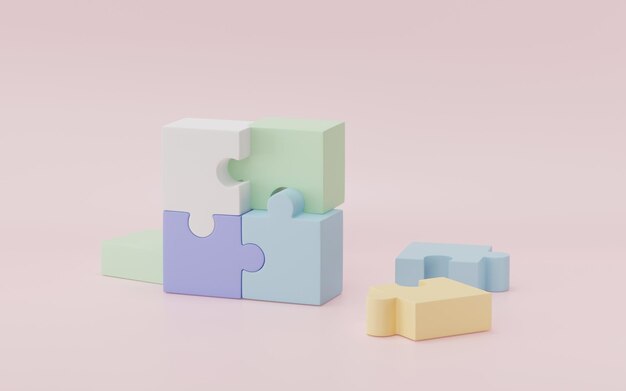 사진 3d 렌더링 3d 그림 직소 퍼즐 조각 분홍색 배경 문제 해결 사업 연결 협력 파트너십 개념