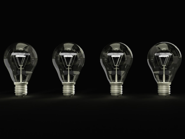 3d render 4 light bulbs in a row glow on a dark background