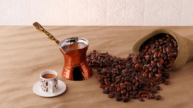 사진 3d 렌더링: 커피 콩과 함께 커피 컵