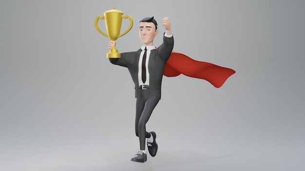Фото 3d визуализация успешный молодой бизнесмен в костюме с улыбающимся лицом, одетый в красный плащ, поднимается с золотым трофеем