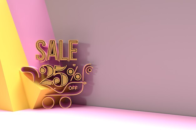 3D Render Abstract 25% Sale OFF with Shopping Cart Discount Banner 3D Illustration Design.