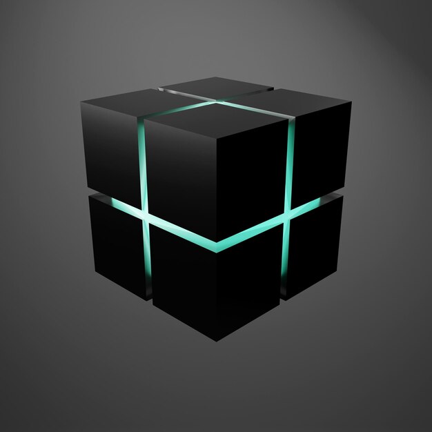 어두운 보라색 배경에 추상 3d 빛나는 파란색 큐브 와이어프레임 케이지의 3d 렌더링