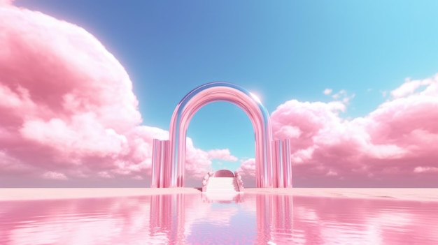 3d визуализация Абстрактный эстетический фон Сюрреалистический фантастический пейзаж Вода розовая пустыня неоновая линейная арка и хромированные металлические ворота под голубым небом с белыми облаками Генеративный AI image weber