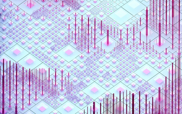 Rendering 3d di arte astratta sfondo 3d delle colline surreali della silicon valley nano basato su piccoli grandi cubi sottili e detti cubi scatole pilastri e barre in colore rosa viola blu in vista isometrica