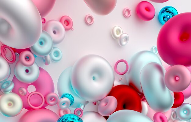 Photo 3d render of abstract art 3d background  with surreal mix of chaotic sweet candy doughnuts