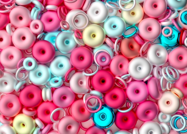 3d render of abstract art 3d background  with surreal mix of chaotic sweet candy rings or doughnuts