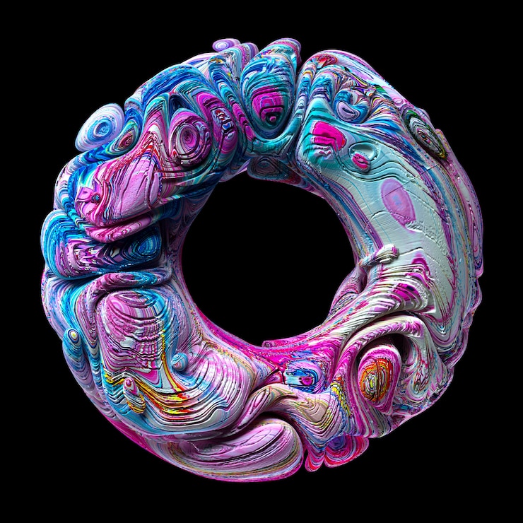 Photo 3d render of abstract art piece sculpture with surreal 3d ring torus circle or donut in organic curve wavy lines in white concrete rough material painted in blue purple and yellow acrylic color