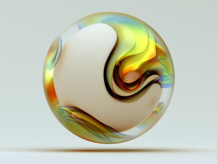 Photo 3d render of abstract art of surreal 3d ball in organic curve round wavy smooth and soft biological forms in glass and white matte plastic material with color parts in yellow green and orange color