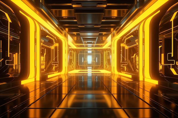 3d render abstract background corridor tunnel virtual reality space yellow neon lights